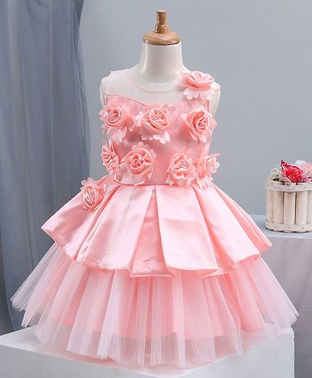 Bluebell Sleeveless Party Frock with Floral Embellished Bodice - Pink