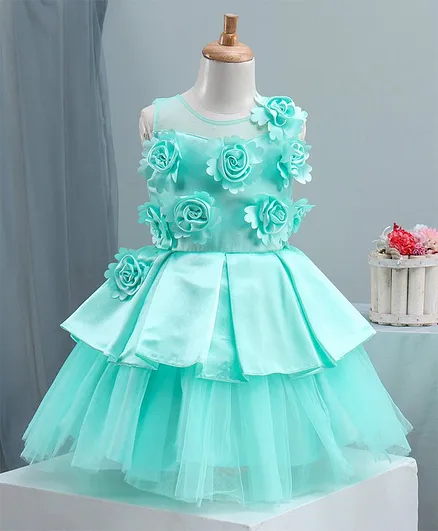 Bluebell Sleeveless Party Frock with Floral Embellished Bodice - Mint