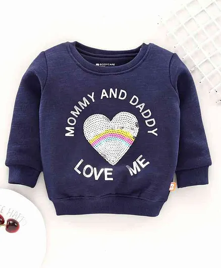Bodycare Full Sleeves Winter Tee Sequin Heart Patch - Navy Blue