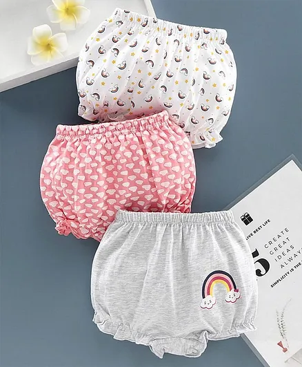 Babyhug 100% Cotton Bloomer Pack of 3 - Coral Grey White