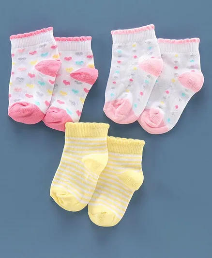 Mustang Ankle Length Socks Heart Design Pack of 3 - Pink Yellow
