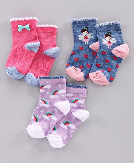 Mustang Ankle Length Socks Multi Design Set of 3 Pairs - Pink Blue Purple