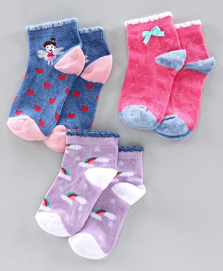 Mustang Ankle Length Socks Multi Design Set of 3 Pairs - Pink Blue Purple