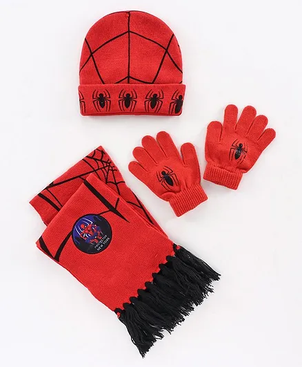 Disney Spiderman Woollen Cap and Set - Red