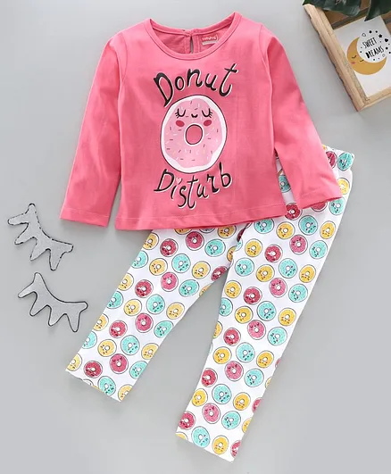 Babyhug Full Sleeves Night Suit Donut Print - Pink