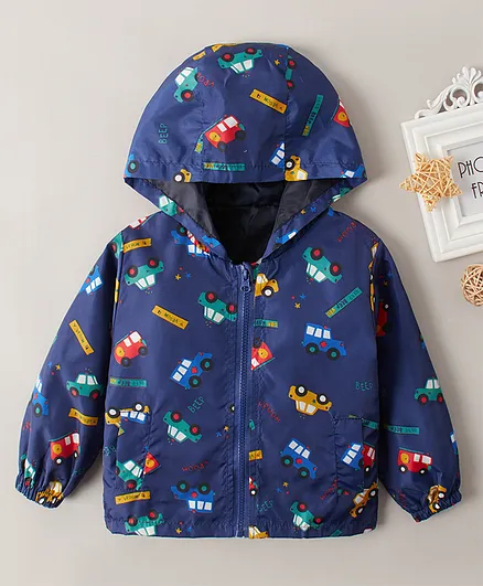 Kookie Kids Full Sleeves Hooded Jacket Vehicle Print - Blue