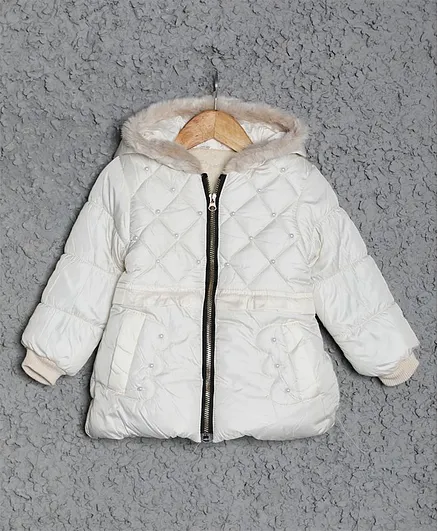 PASSION PETALS Full Sleeves Pearls Detailed Hooded Jacket - White