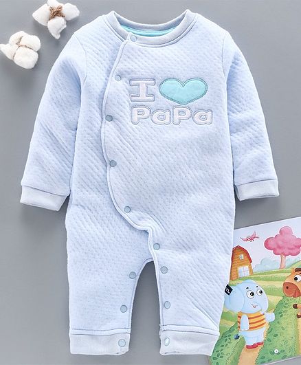 Mom's Love Full Sleeves Romper Text Embroidery - Aqua Blue