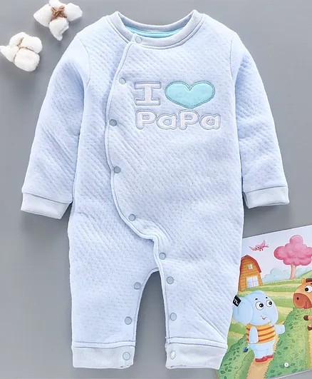 Mom's Love Full Sleeves Romper Text Embroidery - Aqua Blue