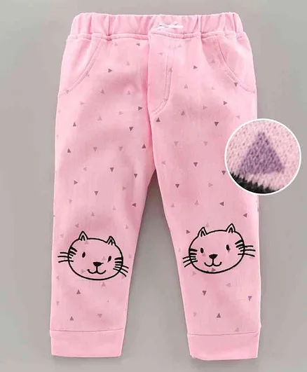 Mom's Love Full Length Winter Wear Lounge Pant Kitty Embroidered - Pink