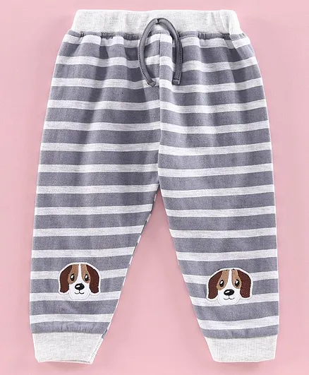 Mom's Love Full Length Winter Wear Striped Lounge Pant Puppy Embroidery - Grey
