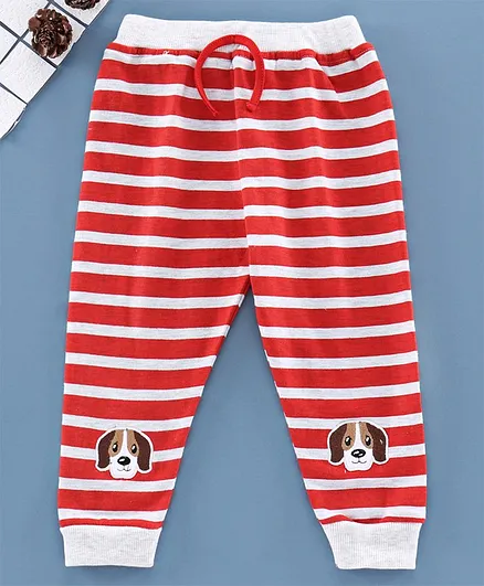 Mom's Love Full Length Winter Wear Striped Lounge Pant Puppy Embroidery - Red