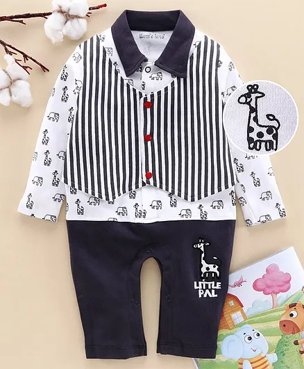 Mom's Love Full Sleeves Party Wear Romper Animal Print - Navy Blue