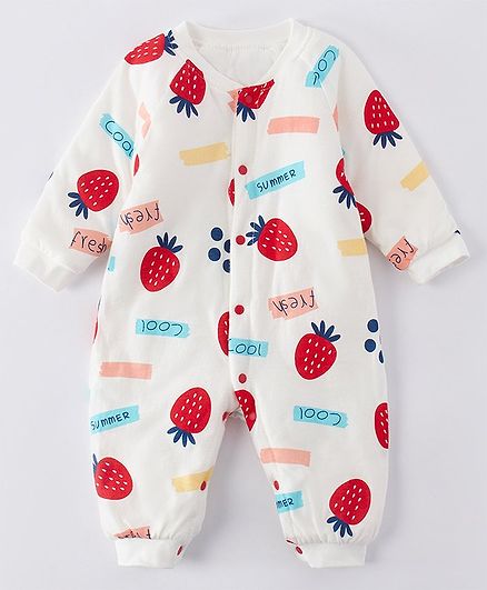 Kookie Kids Full Sleeves Winter Wear Romper Strawberry Print - White