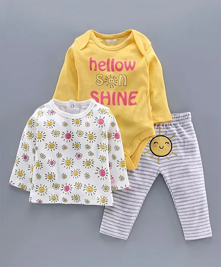 Mom's Love Full Sleeves Onesie with Legging and Tee Sun Print - Yellow White Grey