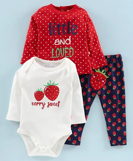 Mom's Love Full Sleeves 3 Piece Clothing Set Strawberry Print - Red White Blue
