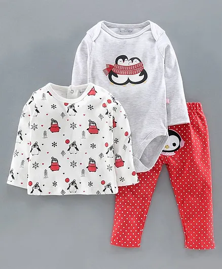 Mom's Love Full Sleeves 3 Piece Clothing Set Penguin Print - White Red