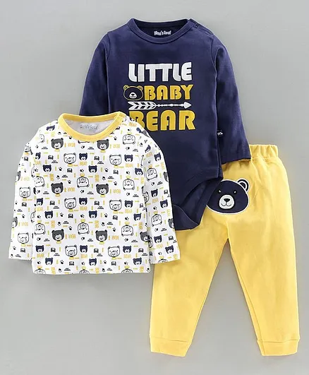 Mom's Love Full Sleeves 3 Piece Clothing Set Bear Print - Blue Yellow White