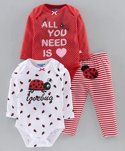 Mom's Love Full Sleeves Onesies With Legging Lovebug Print - Red White