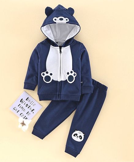 Mom's Love Full Sleeves Hooded Winter Wear Suit Panda Embroidery - Navy Blue