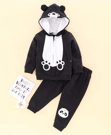 Mom's Love Full Sleeves Hooded Winter Wear Suit Panda Embroidery - Black