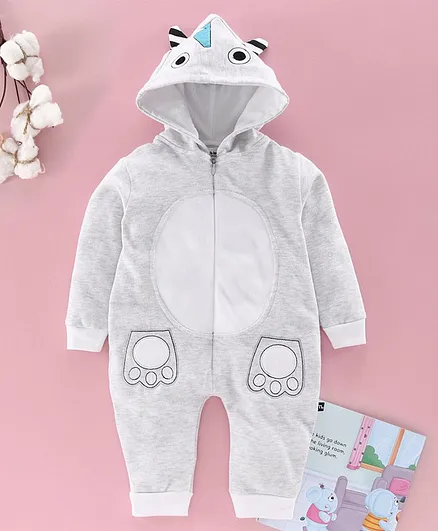 Mom's Love Full Sleeves Winter Wear Romper With 3D Ears Hood - Grey