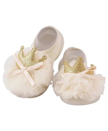 Yellow Bee Anti-Slip Glitter Crown & Frills Motif Princess Socks Shoes - Cream