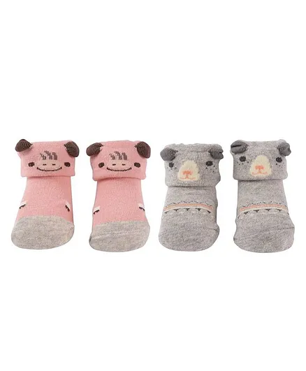 Yellow Bee Pack Of 2 Animal Face Ankle Length Socks - Peach & Grey