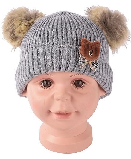 Yellow Bee Pom Pom With Bear & Bow Applique Cap - Grey