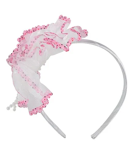 Yellow Bee Big Flower With Strings Of Pearl Hair Band - White