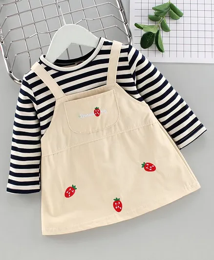 Kookie Kids Full Sleeves Knee Length Frock Strawberry Print Striped - Blue Cream
