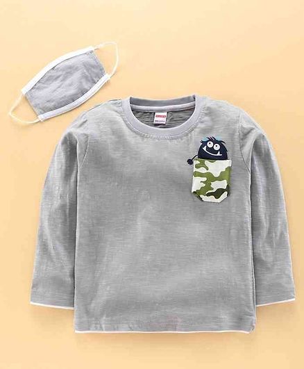 Ojos Full Sleeves Tee with Mask Monster Print - Grey