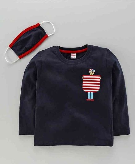 Ojos Full Sleeves Tee with Mask Boy Print - Navy Blue