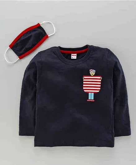 Ojos Full Sleeves Tee with Mask Boy Print - Navy Blue