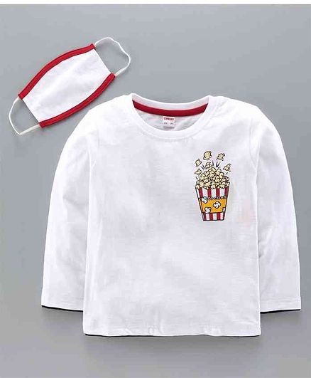 Ojos Full Sleeves Tee with Mask Pop Corn Print - White