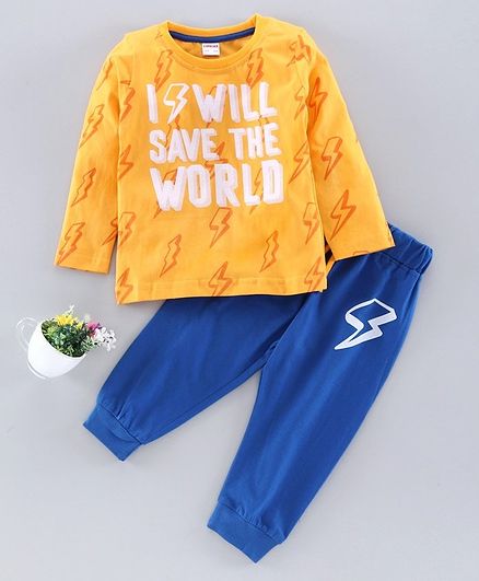 OJOS Full Sleeves Tee & Lounge Pant Text Print - Yellow Blue
