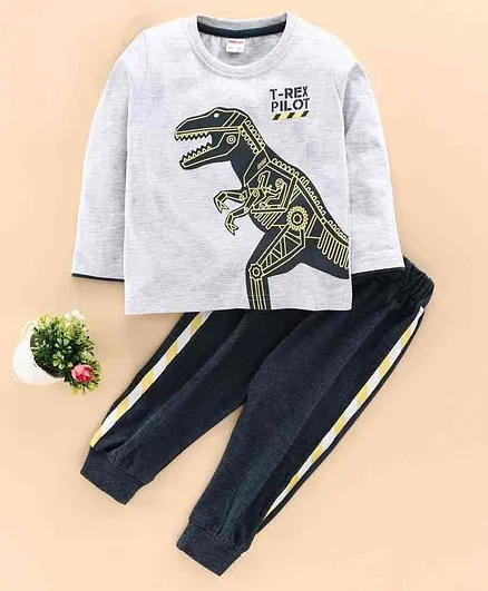 OJOS Full Sleeves Tee & Track Pant With Mask Dino Print - Light Grey Navy Blue
