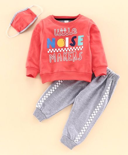 Ojos Full Sleeves Tee & Lounge Pant With Mask Little Noise Makers Print - Peach