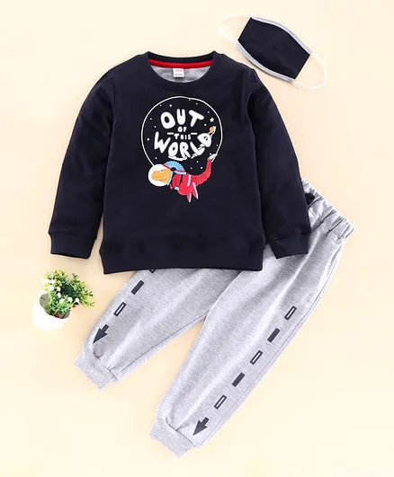 OJOS Full Sleeves Tee & Lounge Pant Text & Dino Print - Navy Blue Grey