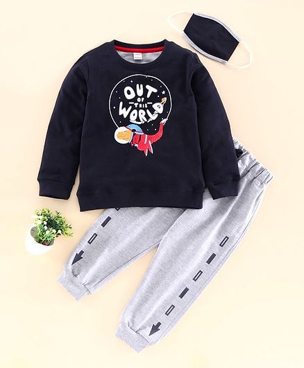 OJOS Full Sleeves Tee & Lounge Pant Text & Dino Print - Navy Blue Grey