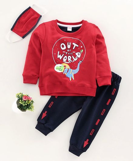 OJOS Full Sleeves Tee & Lounge Pant Text & Dino Print - Red Navy Blue