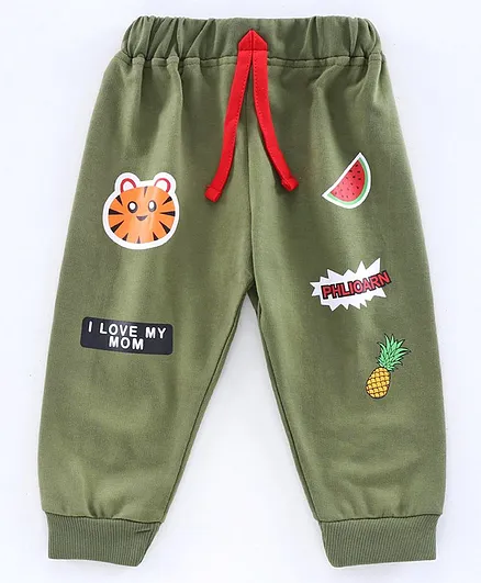 Ojos Full length Lounge Pant Fruit Print - Olive Green