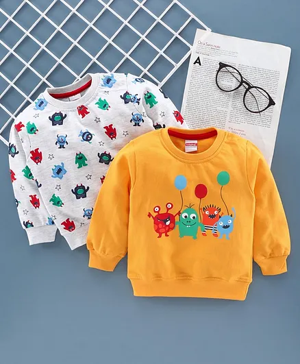 Babyhug Full Sleeves Sweatshirts Monsters Print Pack of 2 - Yellow Light Grey