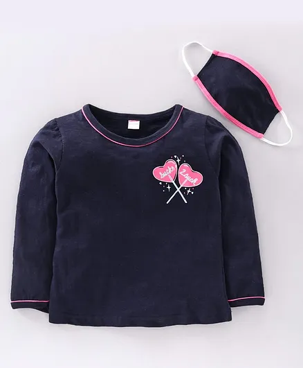 Ojos Full Sleeves Tee with Mask Heart Print - Navy