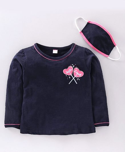 Ojos Full Sleeves Tee with Mask Heart Print - Navy
