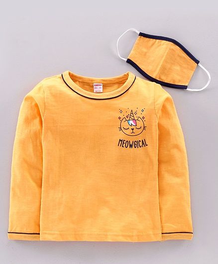 Ojos Full Sleeves Tee with Mask Kitty Print - Yellow
