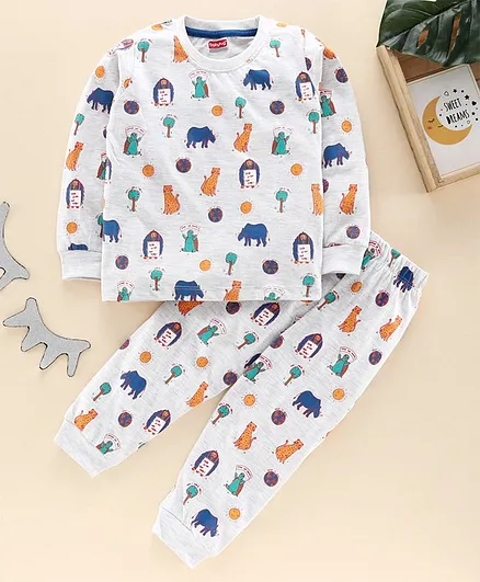 Babyhug Full Sleeves Night Suit Animal Print - White