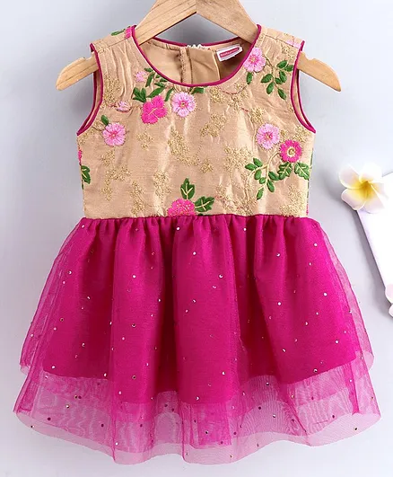 Babyhug Sleeveless Ethic Dress Floral Embroidery - Pink Beige