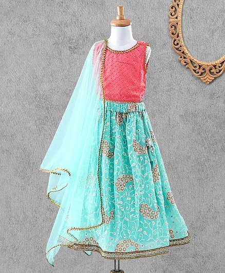 Bayhug Sleeveless Studded Choli & Embroidered Lehenga with Dupatta - Fuchsia & Sky Blue