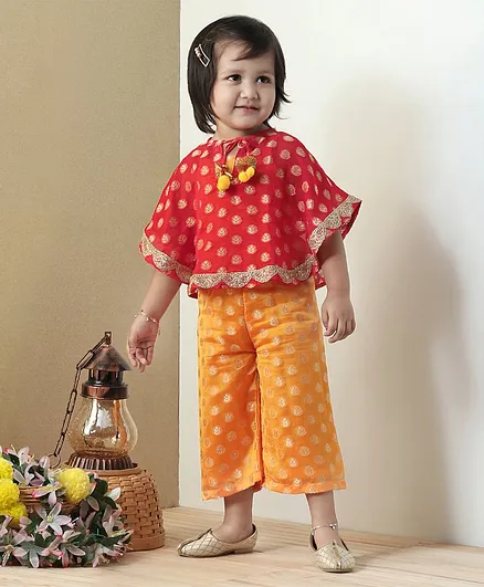 Babyoye Sleeveless Indo Western Poncho Top with Jumpsuit - Pink Yellow